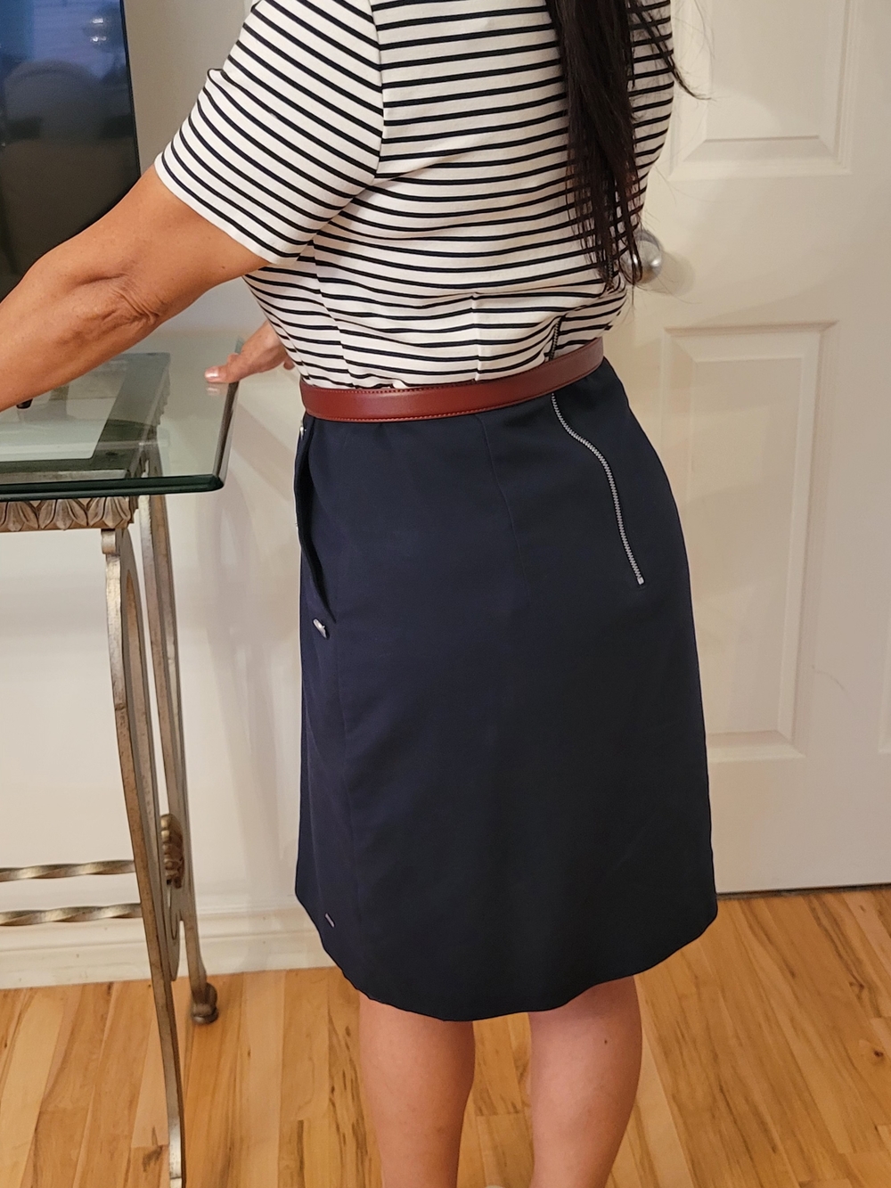 Navy Pencil Skirt with Button Detail - Women's Classic Work Skirt - Picture 2 of 5